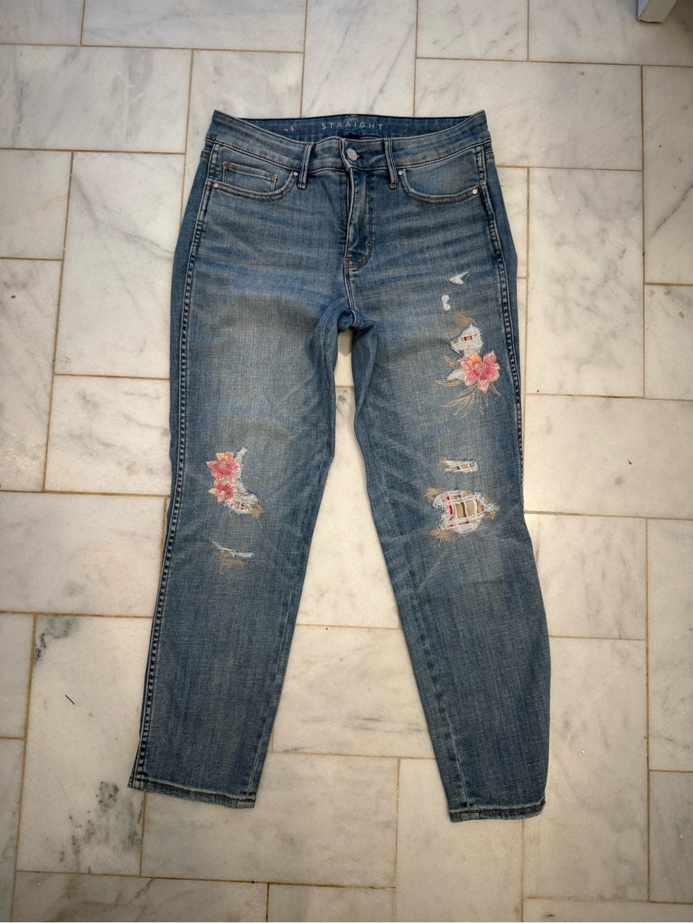 Floral embroidered, distressed straight-leg Jeans (White House Black Market)